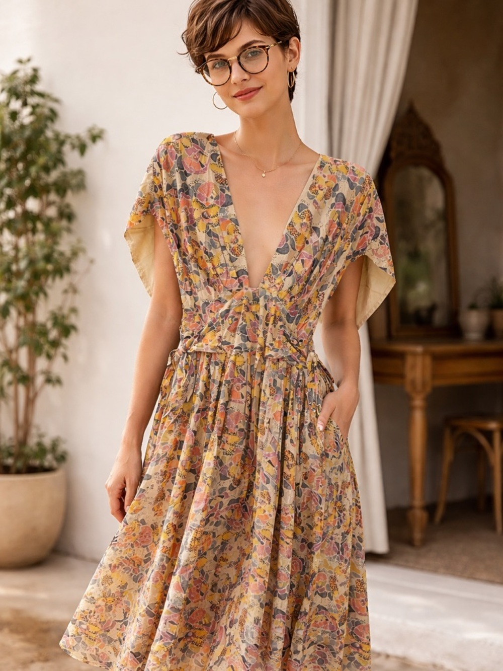 Free People Floral Midi Dress in Mustard Multi
